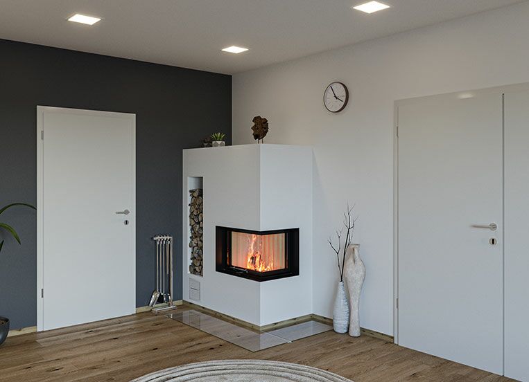 Schlichter Eckkamin mit Holzlager