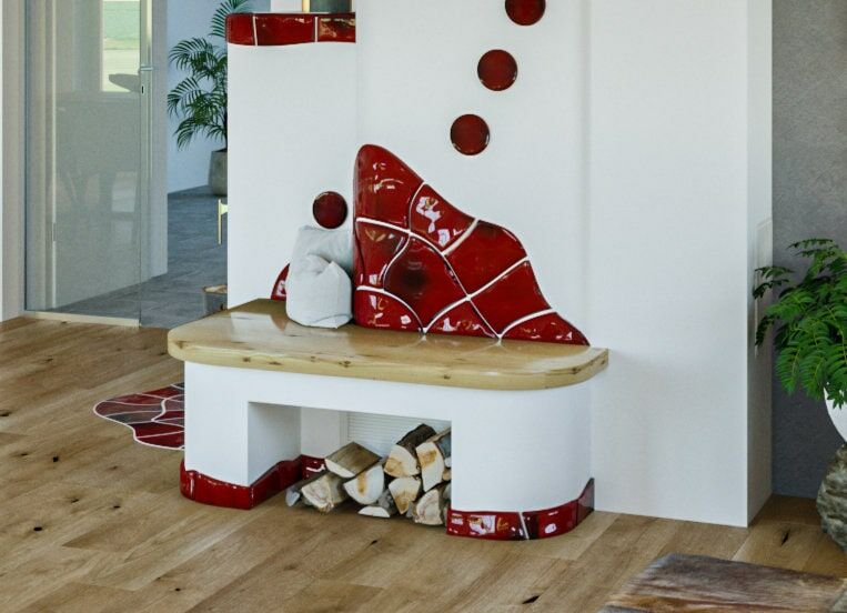 Speicherofen Handkeramik Sitzbank aus Holz