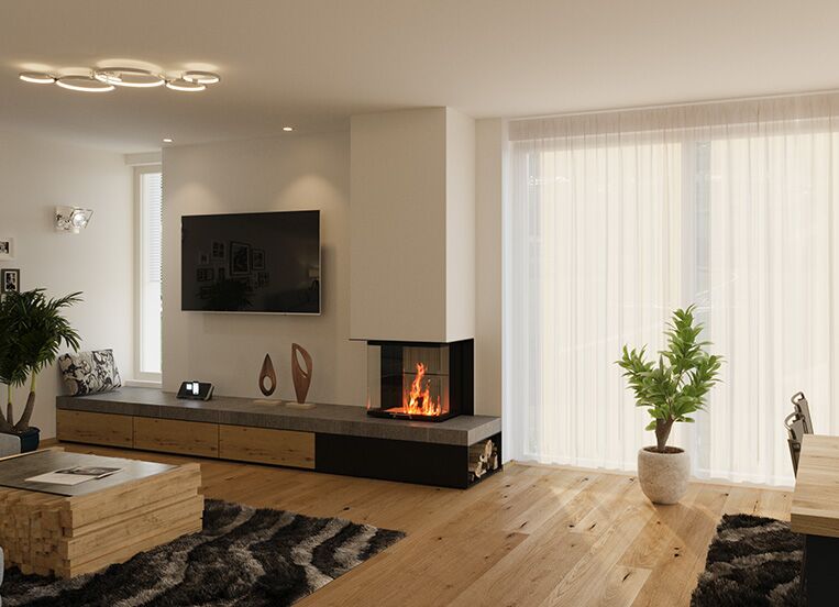 moderner gemauerter Kamin mit Metallsockel
