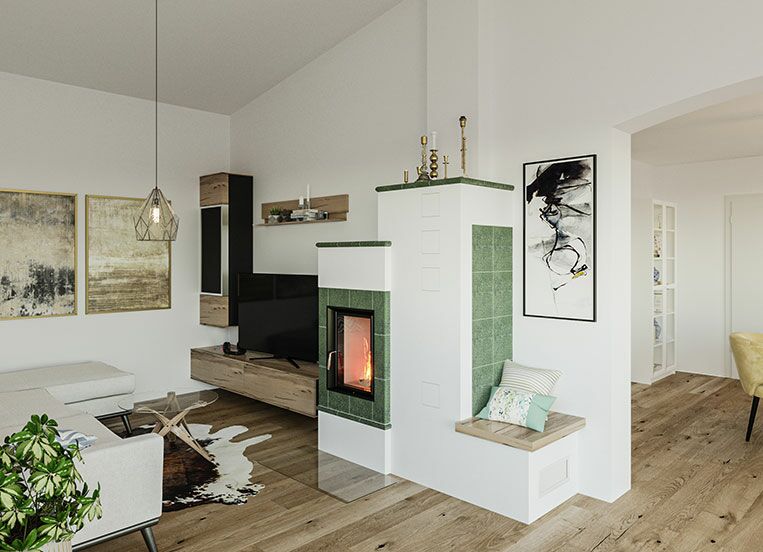 Kachelofen mit Holzsitzbankanbau