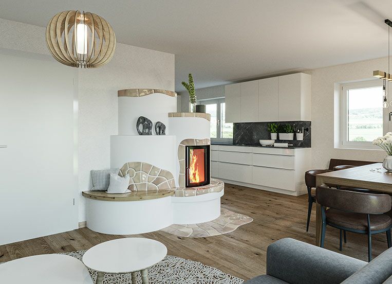 Kachelofenteil mit Holzsitzbank