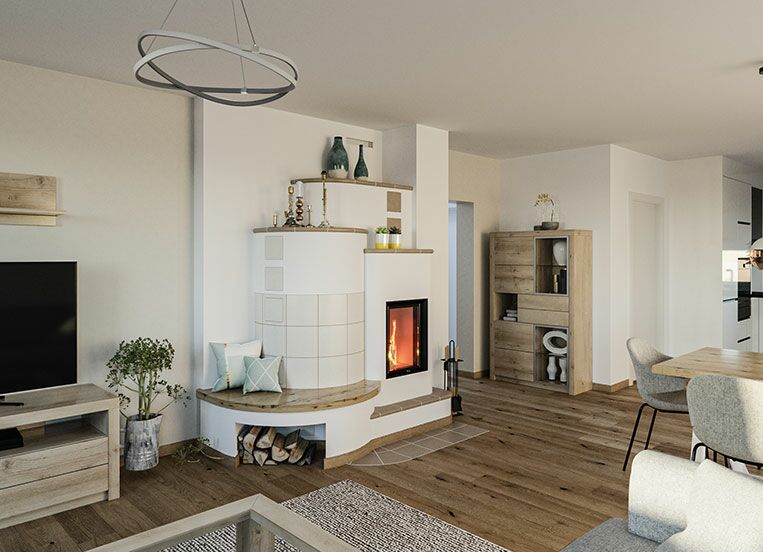 Kachelofen mit Holzsitzbank und Holzlager darunter
