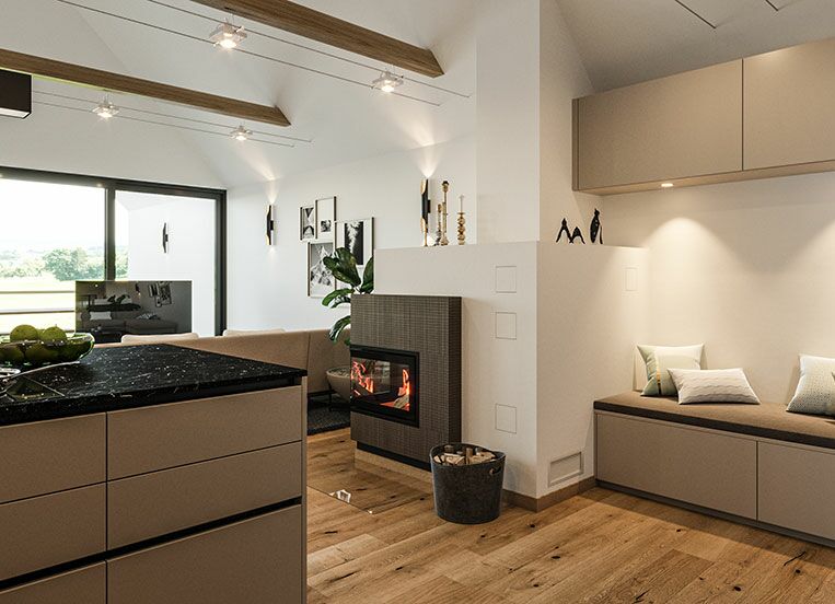 Eckkamin mit Bankanbau