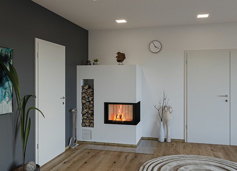 Schlichter Kamin mit Holzlager