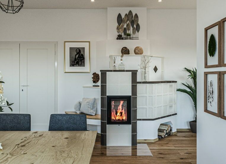 Speicherofen Feinkeramik Sitzbank aus Holz